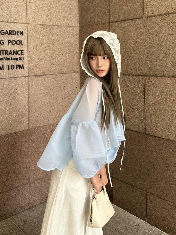  Áo sơ mi voan cổ tàu tay phồng 