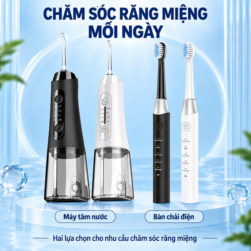 Combo 2 Trong 1 Máy Tăm Nước + Bàn Chải Điện, Làm Sạch Mảng Bám, Chăm Sóc Nướu Nhẹ Nhàng