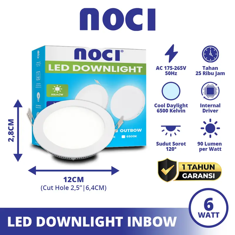 Noci Lampu LED Downlight Inbow Lampu Plafon Rumah 6-18 Watt | 2,5-8 Inch, Cahaya Kuning 3000K/Netral 4000K/Putih 6500K Super Terang Hemat Daya