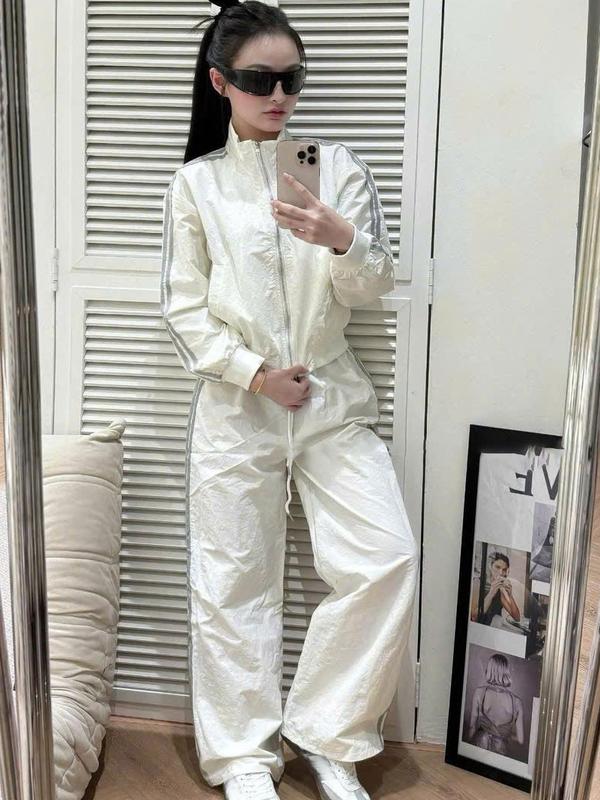 Set bộ gió nữ áo khoác mix quần suông ống rộng phối kẻ chất gió màu trắng dáng thể thao năng động cá tính S20