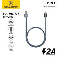 Gambar Kabel Data Wellcomm Fast Charging Flat 2In1 Micro/Iphone 1M 100cm - BLACK dari wellcommofficialstore Kota Tangerang Selatan 1 Tokopedia