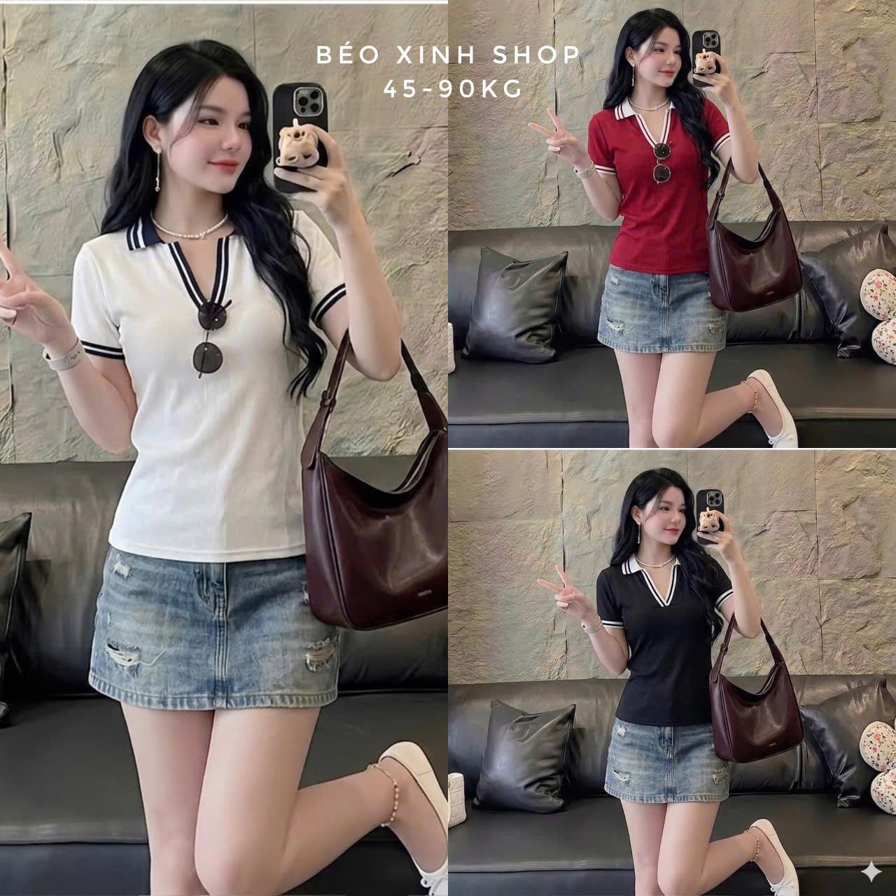 Thời Trang Bigsize Áo Thun Polo Cổ V Vải Thun Tăm Bigsize Từ 45 - 90Kg Dễ Thương Top Nữ Women - A.1507