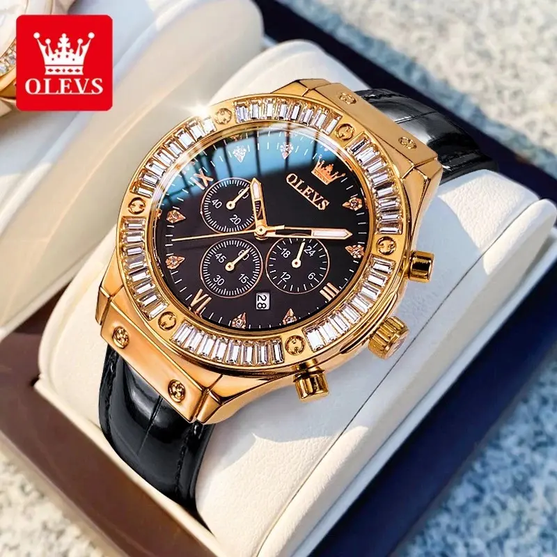 OLEVS Jam Tangan Wanita Original Anti Air Original Kulit Kalender Analog Terbaru 2025 Rose Gold