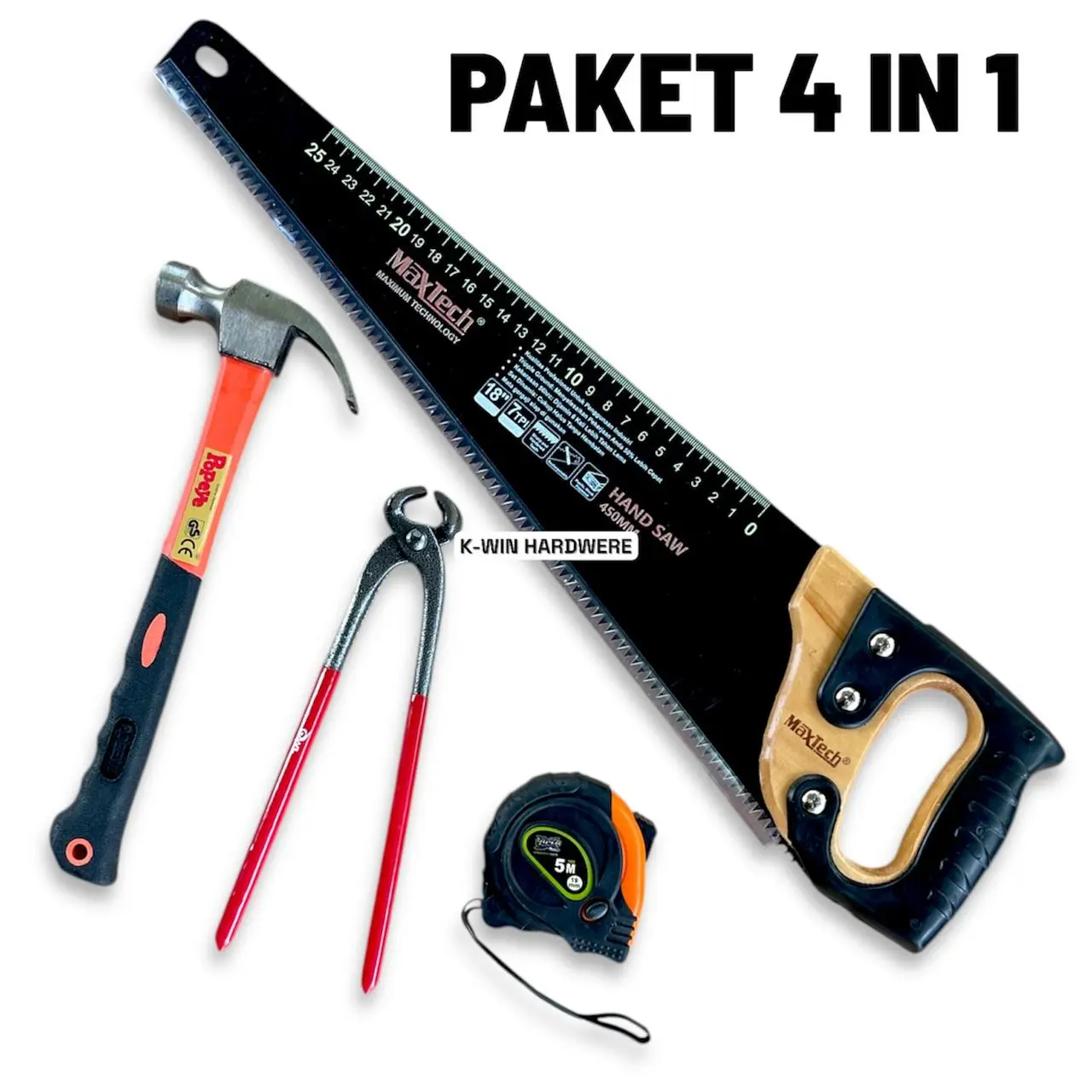 Paket Hemat Gergaji Kayu Gagang Kayu 18 Inch / Gergaji Tukang Meteran 5M Karet Palu Kambing 8 Oz Gegep/Tang Potong Kakatua Pres Catut Blister Termurah Berkualitas