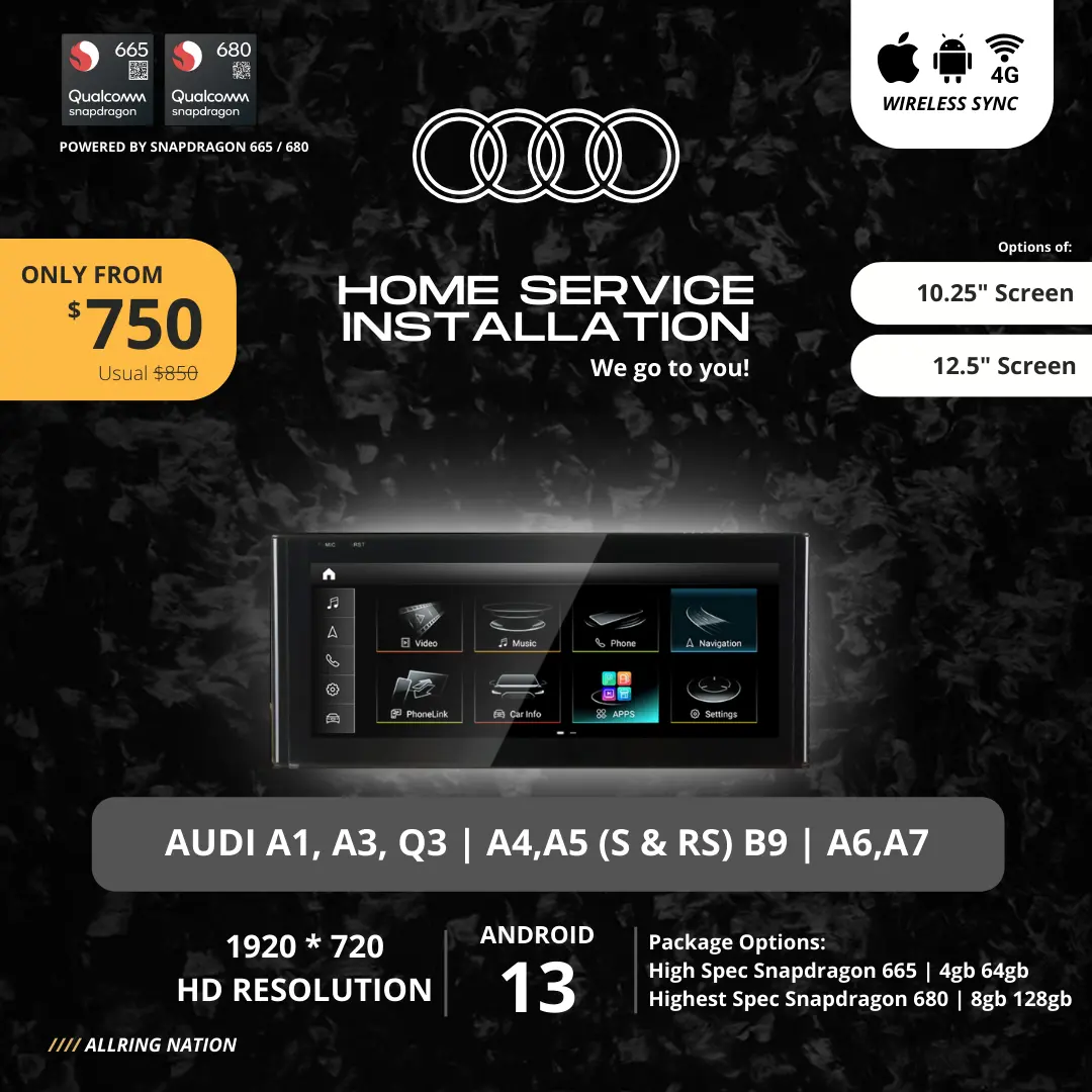 AUDI ANDROID HEADUNIT PLAYER A1,A3,Q3,A4,A5,Q5 - S,RS (B9)/ A6/A7 | ANDROID 13 PLAYER | SNAPDRAGON 665 | WIRELESS CARPLAY & WIRELESS ANDROID AUTO | 4G-LTE 1920*720P + FREE INSTALLATION | AUDI B9