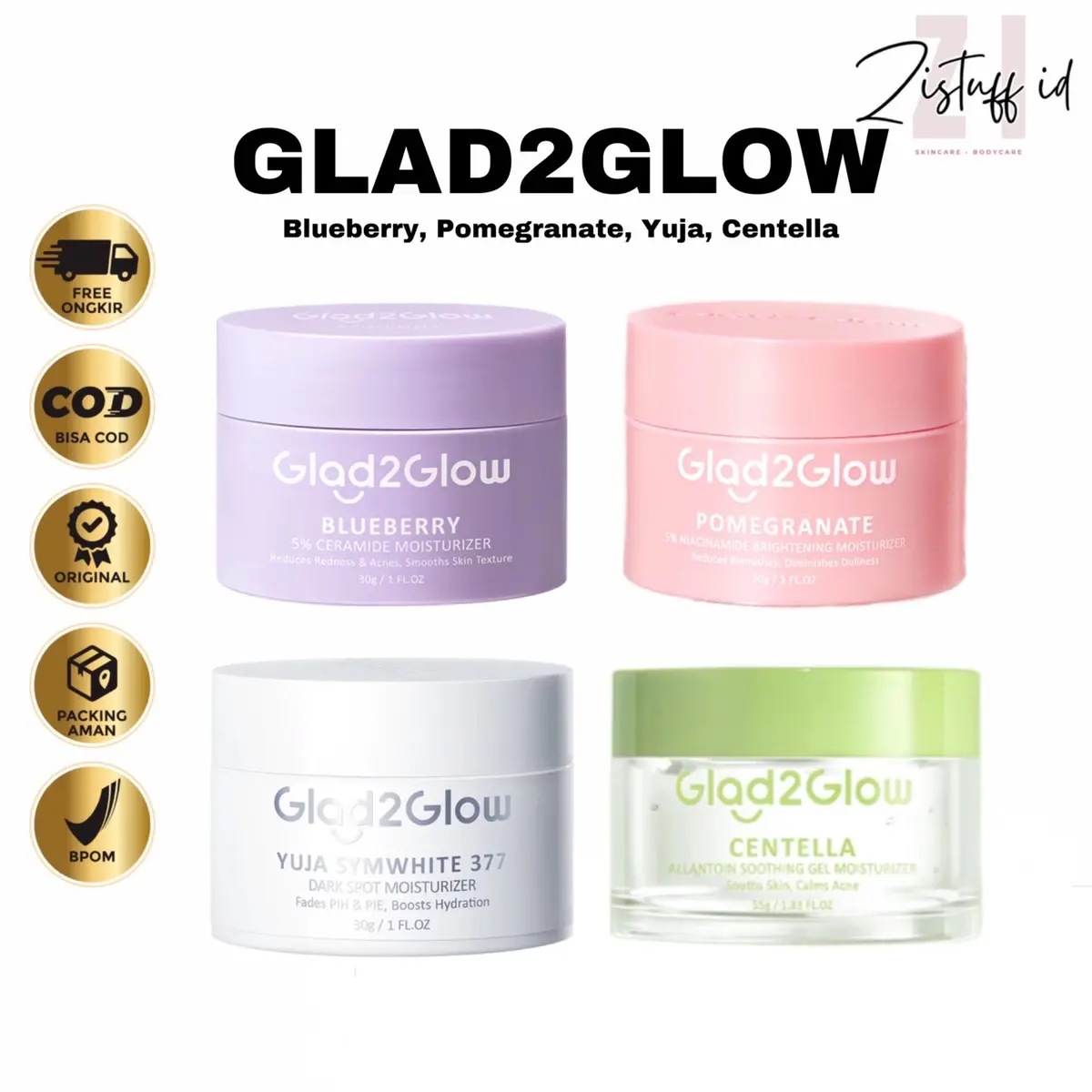 ￼Glad2Glow Moisturizer Series Pomegranate 5% Niacinamide Brightening Blueberry 5% Blueberry Moisturizer Cream 5x Ceramide Skin Barrier Repair Yuja Symwhite 377 Dark Spot Centella Allantoin Soothing Moisturizer Gel Cica Oil-Control Hydrating