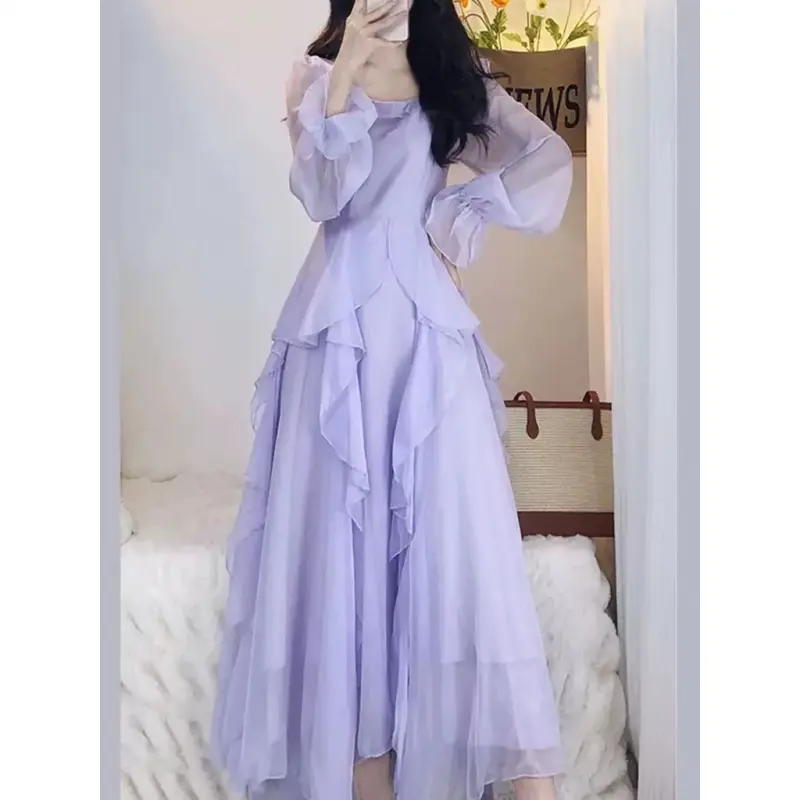 Korean Fashion Purple Elegant Solid Color Dress Women's New High Waist Slim  Fit Gentle Style Dress - TikTok Shop Philippines