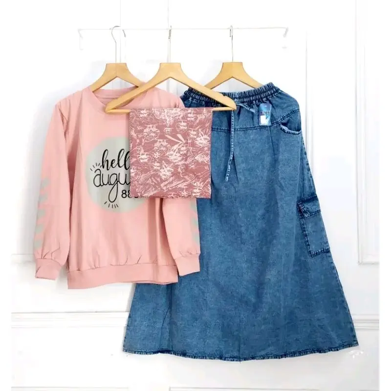 Kaos Combed Ld 106 Set Rok Jeans Susun + Hijab Voal Motif Katun Remaja Sampai dewasa