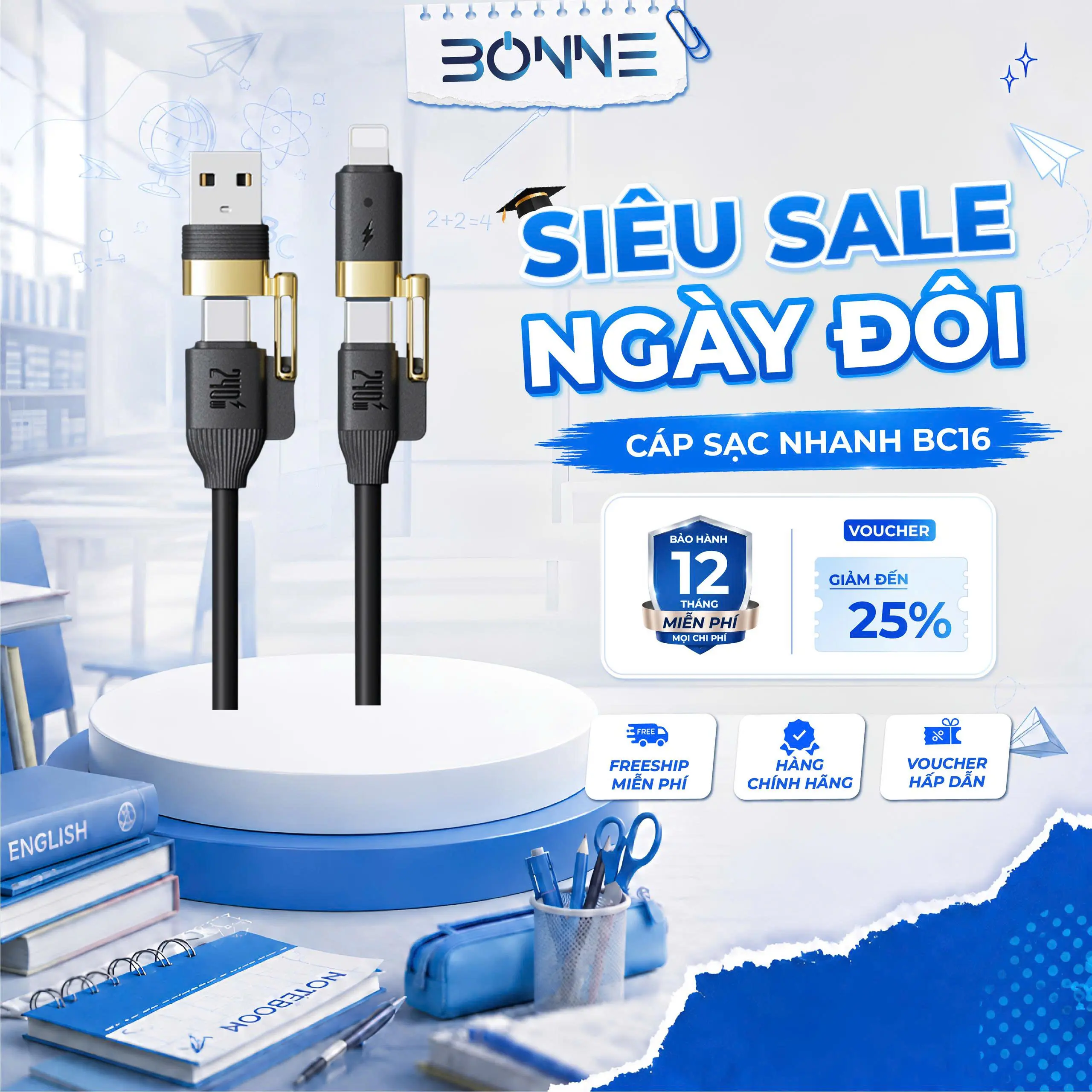 Dây Sạc Nhanh BC16 4in1 Công Suất 240W Chính Hãng By Bonne TECHNOLOGIQUE, Dây Sạc Đa Năng 4 Đầu Sạc, Sạc Được Cho Cả Điện Thoại Và Máy Tính, Bảo Hành Chính Hãng 12 Tháng