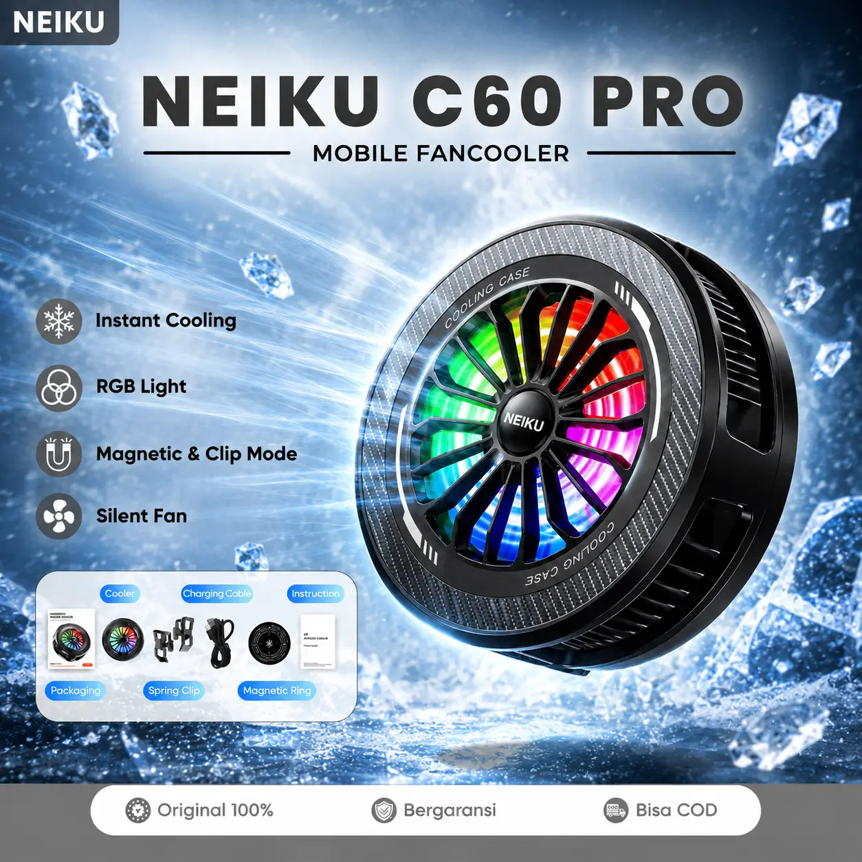 Neiku C60 Pro Phone Cooler Pendingin HP Fan Cooler Dengan Mode Magnet dan Clip