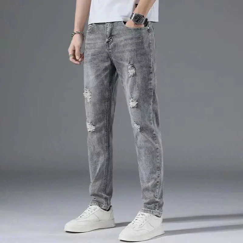 Celana jeans pria sobek abu grey slimfit stretch panjang cowok ripped celana denim dewasa robek skinny pensil korea style 0