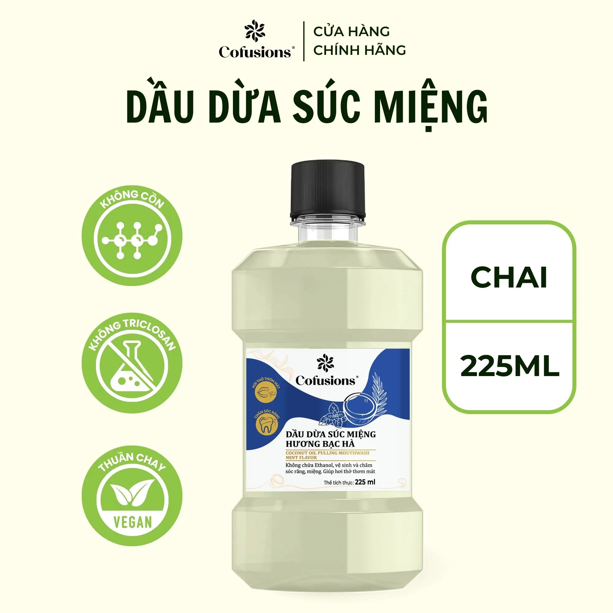 [NHÃN MỚI VIETCOCO] Dầu dừa súc miệng Hương Bạc Hà thơm mát Cofusions - Chai 225ml