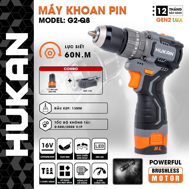  Máy khoan pin 13mm Hukan GEN2 LUX G2 Q8 động cơ không chổi than lực siết 60Nm 2 tốc độ pin 2A 4Cell dòng xả cao 