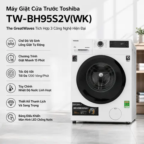 Máy giặt cửa trước Toshiba 8.5 kg TW-BH95S2V(WK) - Giặt nhanh 15 phút - Bảo hành chính hãng 24 tháng