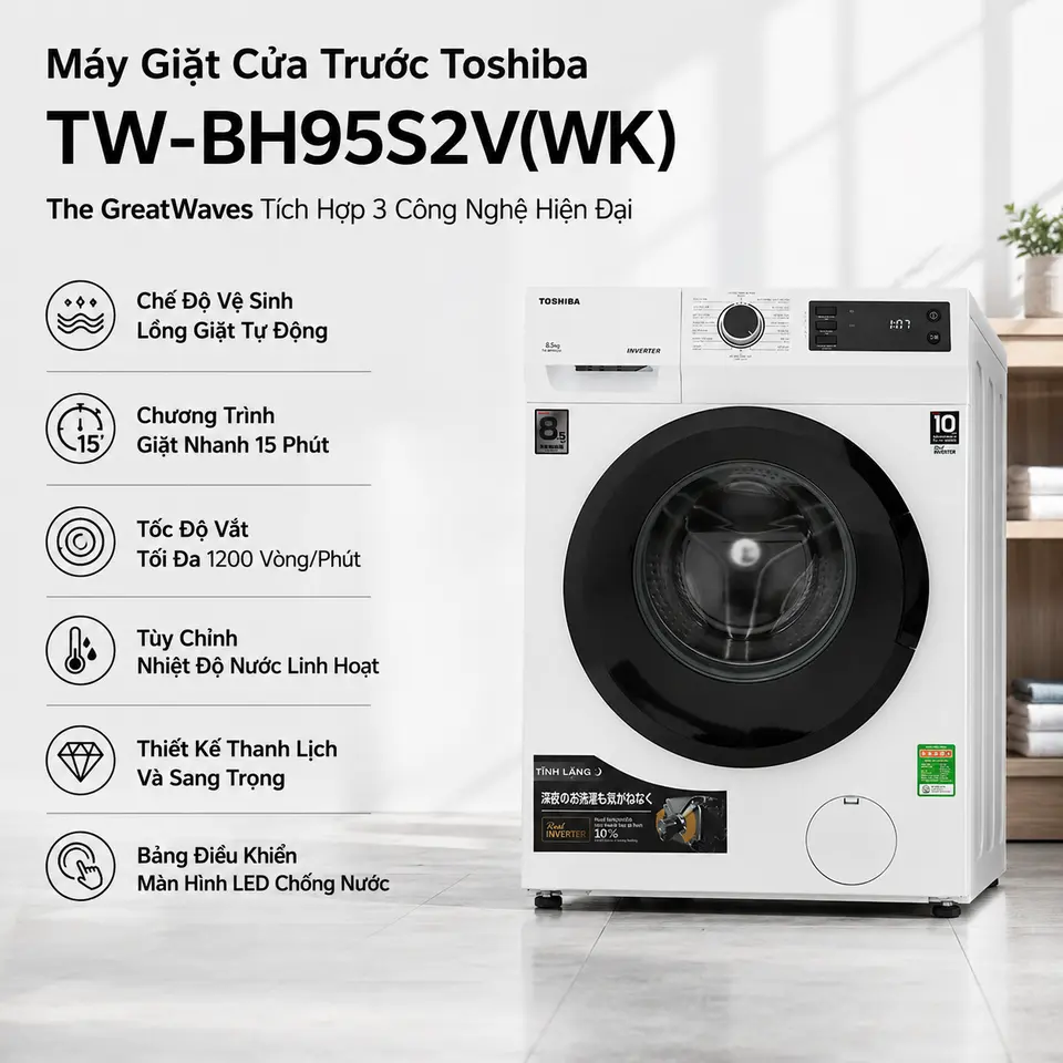 Máy giặt cửa trước Toshiba 8.5 kg TW-BH95S2V(WK) - Giặt nhanh 15 phút - Bảo hành chính hãng 24 tháng