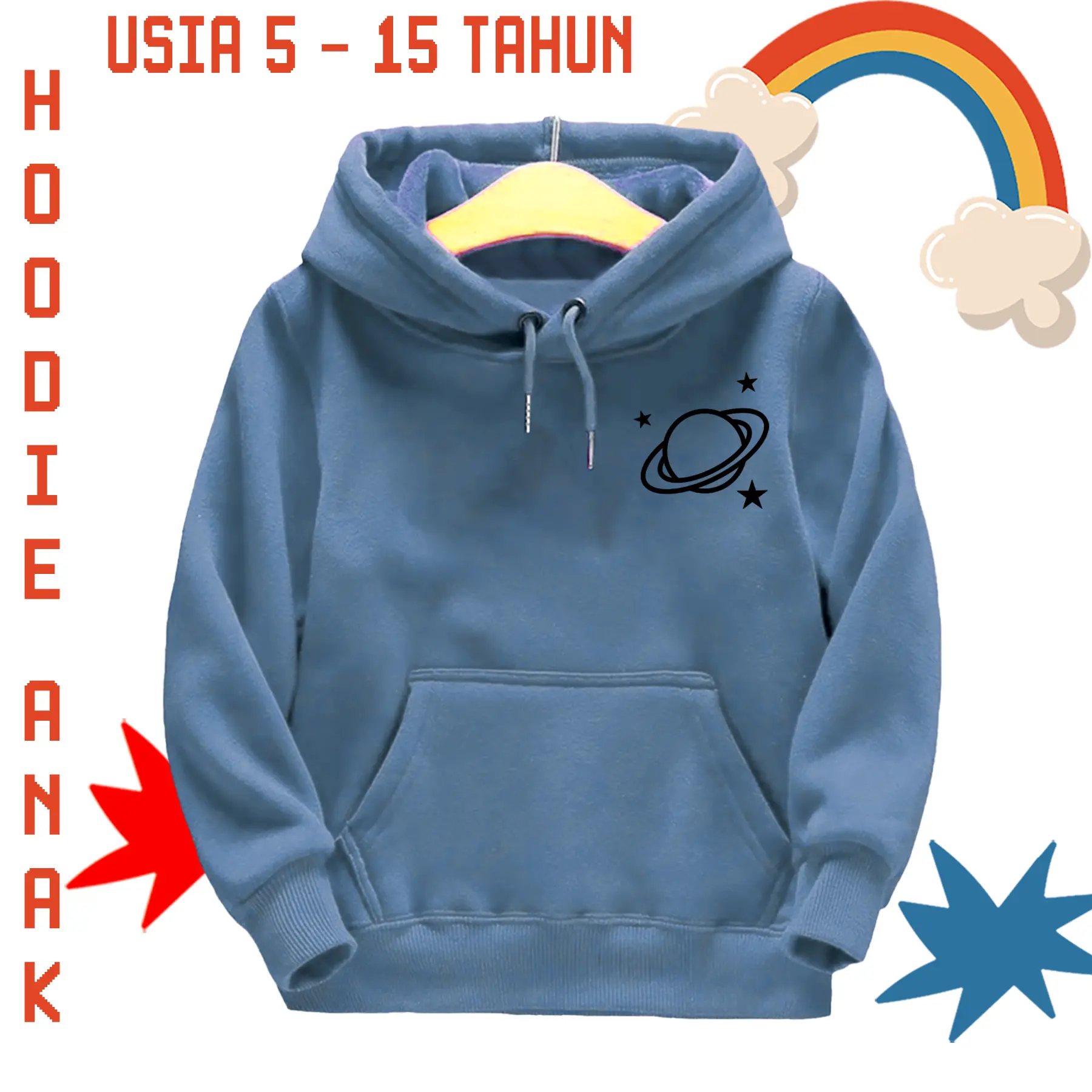 Sweater Hoodie Anak Perempuan Usia 5-15 Tahun PLANET Bahan Flecee Warna Denim Hitam Coksu Maroon Navy Mint Taro