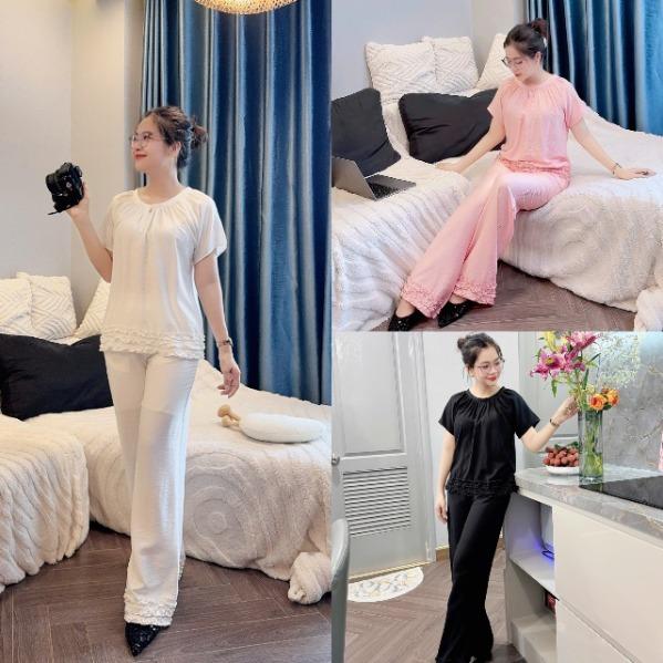 MS268: SET ÁO CỔ TRÒN TAY NGẮN PHỐI VIỀN BÈO + QUẦN SUÔNG RỘNG. BIGSIZE TỪ 40-95KG