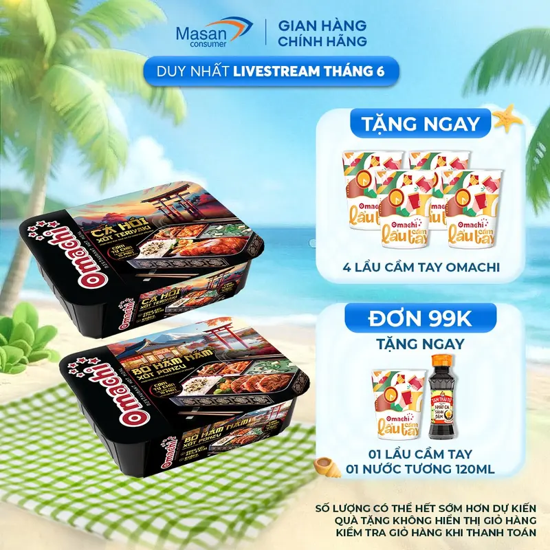 Combo gồm 1 Cơm tự chín Omachi cá hồi áp chảo xốt Teriyaki hộp x 353g và Cơm tự chín Omachi bò hầm nấm xốt ponzu hộp x 343g 0