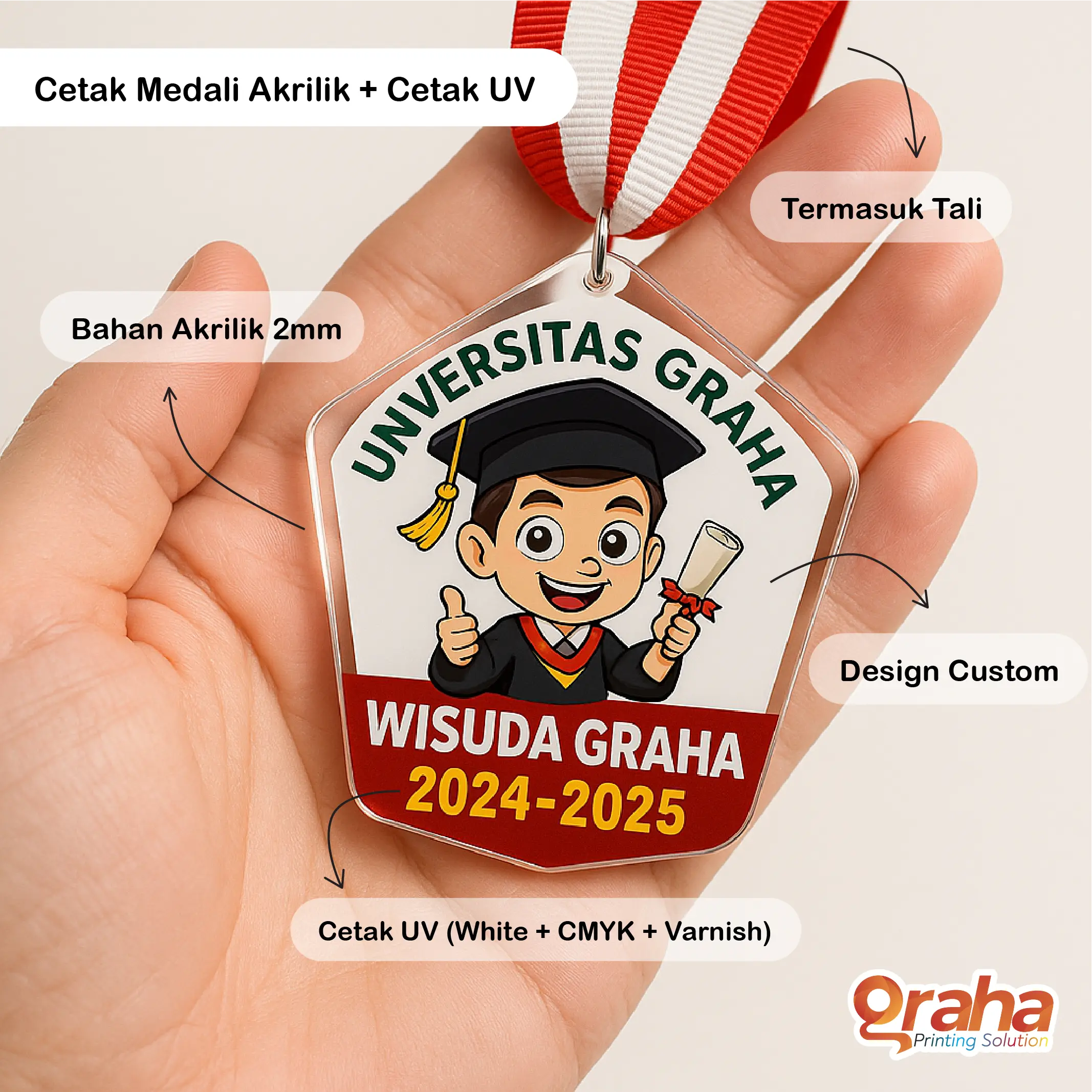 Medali Akrilik Custom 2mm – Transparan, Ukuran 7x7 cm, Bisa Desain & Pola Cutting Instan