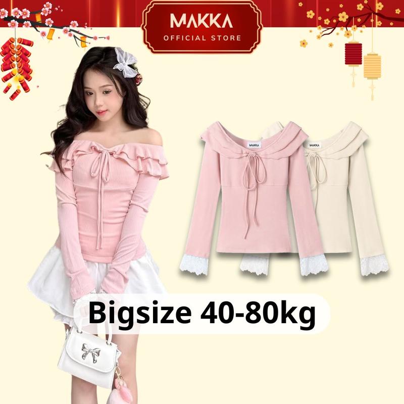 Áo thun len BIGSIZE MAKKA dài tay viền ren thiết kế trễ vai 2 tầng viền bèo phối dây buộc nơ 3003