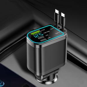 リアルタイム電圧検知機能付き車載充電器 2本のリトラクタブルケーブル、USB 3.1A デュアルタイプC USB-C急速充電、車載用充電器 モバイルフォン用・アトモスフィアライト付き
