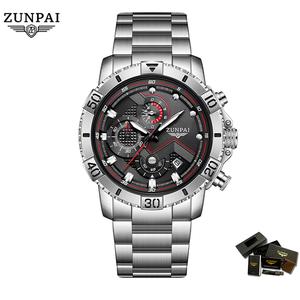 ZUNPAI Watches for Men Fashion Stainless Steel Business Casual Luxury Waterproof Luminous Dress Analog Chronograph Luminous Large Big Face Dad Father Gifts Black Wrist Watch