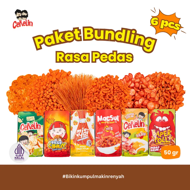 CEKELIN Cemilan Paket Bundling 6pcs Makaroni Mie Lidi Basreng Keripik Tempe Pilus Kerupuk Seblak  Snack Cemilan Murah Gratis Ongkir 4
