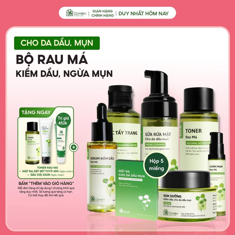 Trọn bộ Skincare Chăm Sóc Da Dầu Mụn Rau Má Giúp Giảm Mụn Chuyên Sâu Gồm Bọt Rửa Mặt, Nước Tẩy Trang, Toner, Kem Duỡng, Serum, Chấm Mụn, Mặt Nạ Cỏ Mềm