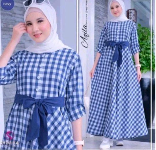 Agila Dress Wanita Navy Size M L XL XXL XXXL 5XL Motif Kotak-Kotak dengan Belt Fashionable
