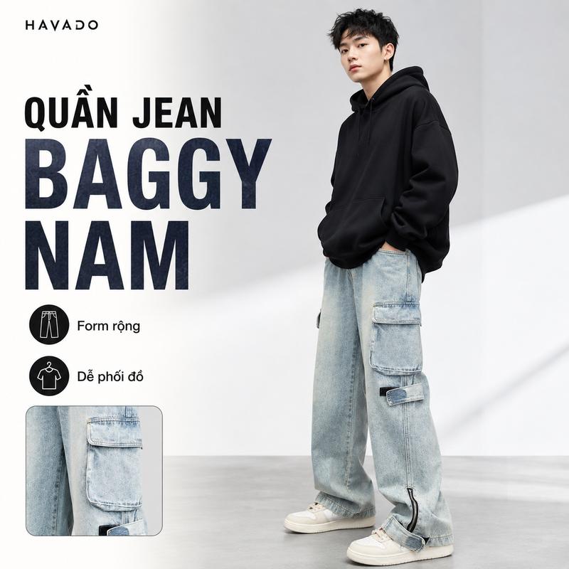 TOP BÁN CHẠY - Quần baggy jean nam ống suông xanh wash nhạt khóa gấu chất bò co…