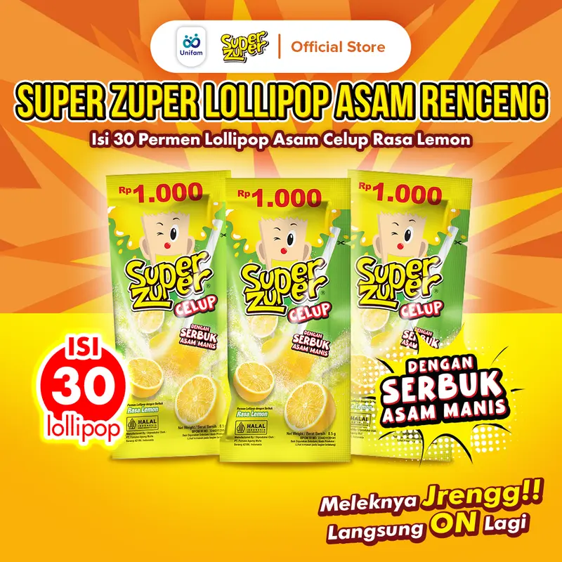 Super Zuper Permen Lolipop Asam Celup Serbuk Buah - Sour Candy Hanger 1 Bag (Isi 30Pcs) - Lemon 0