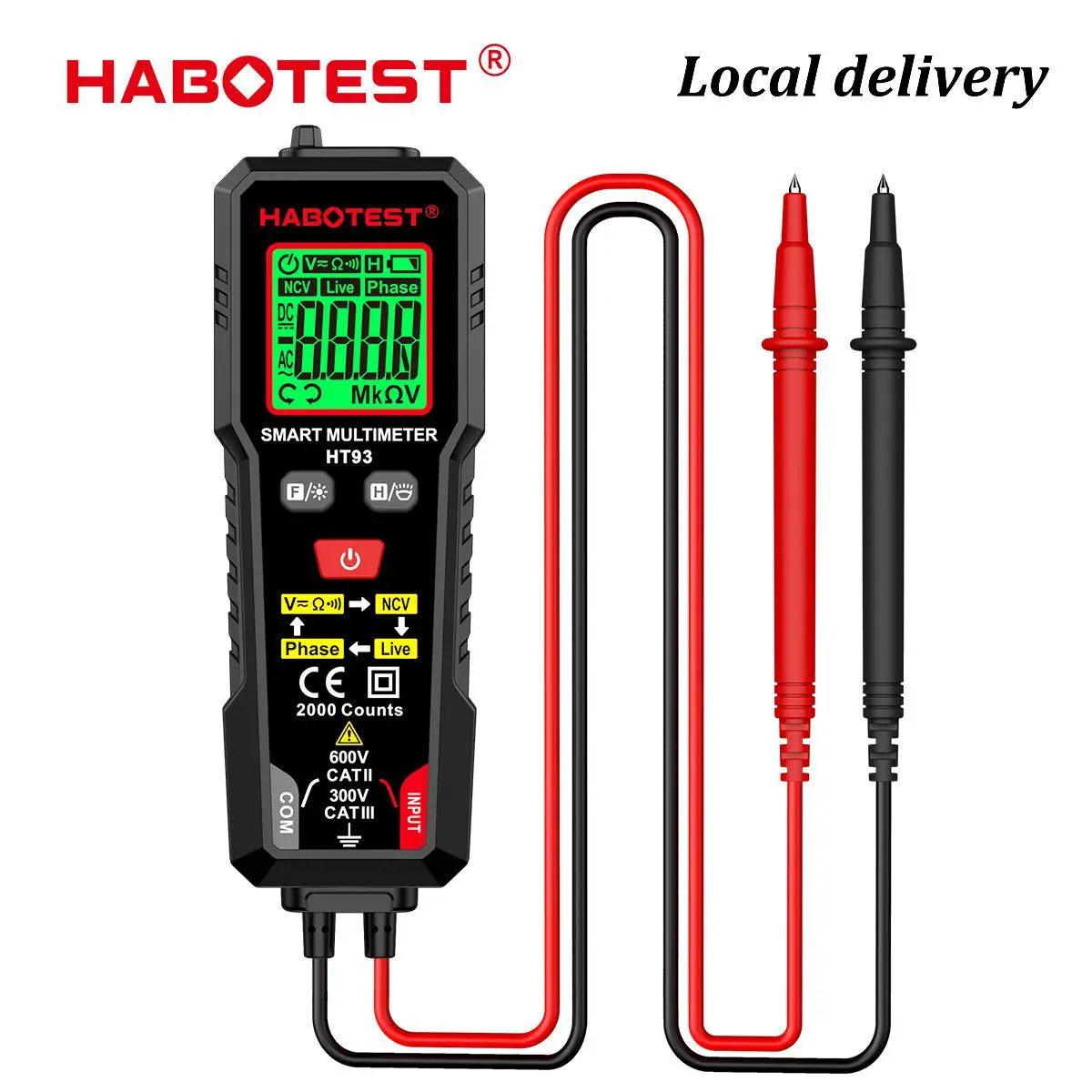 Đồng Hồ Vạn Năng Kỹ Thuật Số, HABOTEST, HT93 / HM98, Điện Áp 600V AC / DC, 2000 Số Đếm, Phạm Vi Tự Động, Điện Trở, Liên Tục, Kiểm Tra Dây Trực Tiếp, Máy Kiểm Tra Đa Năng Thông Minh