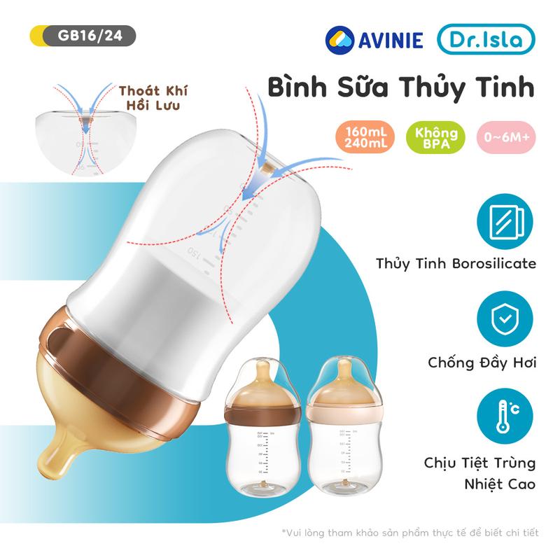 Dr.Isla AVINIE Thủy Tinh chống sặc chống đầy hơi cho trẻ sơ sinh cổ rộng núm ti mềm mại chịu nhiệt cho bé chính hãng cao cấp 160-240ml AVGB16 24 bảo quản sữa bột