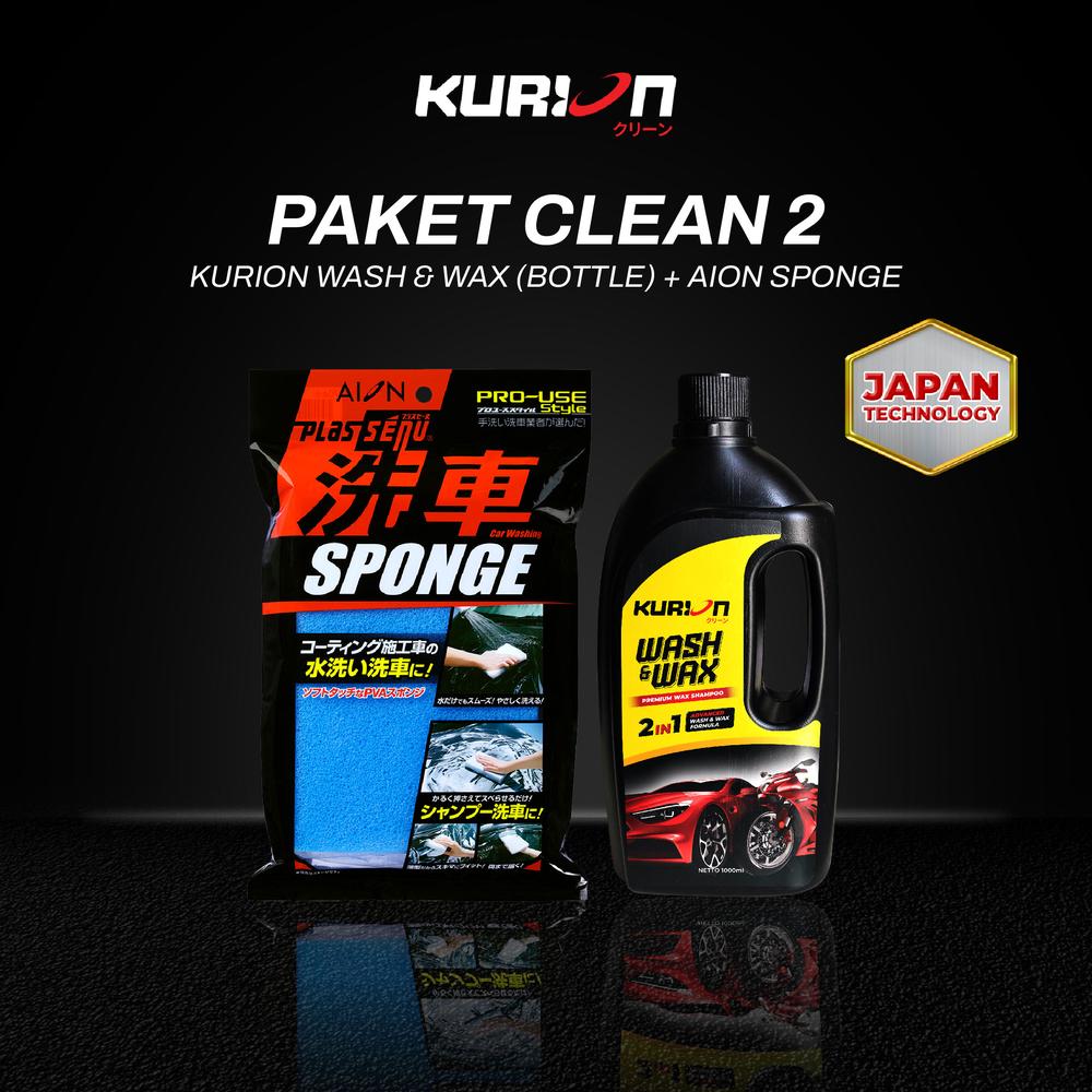 AION [Paket Clean 2] Sponge + Kurion Wash & Wax Shampoo Cuci Mobil Motor 3X Booster Foam Super Shine - Botol 1000ml