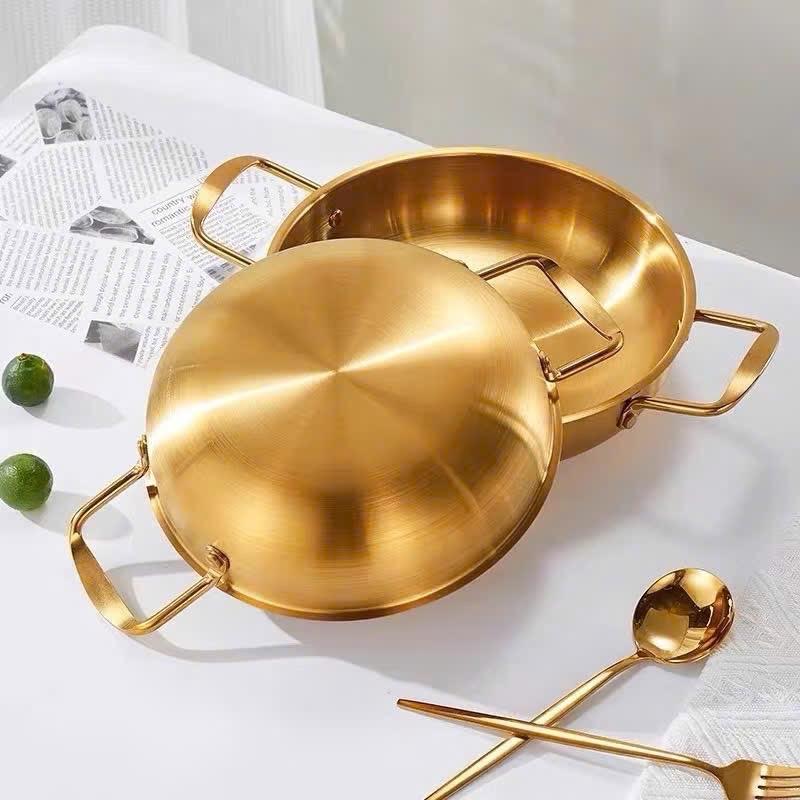 Nồi Nấu Mì Cay INOX Mạ Vàng, Chảo Đáy Sâu Chống Dính Làm Nồi Lẩu, Xào Nướng Tại Bàn, Dùng Được Bếp Gas, Bếp Điện Bếp Từ 0