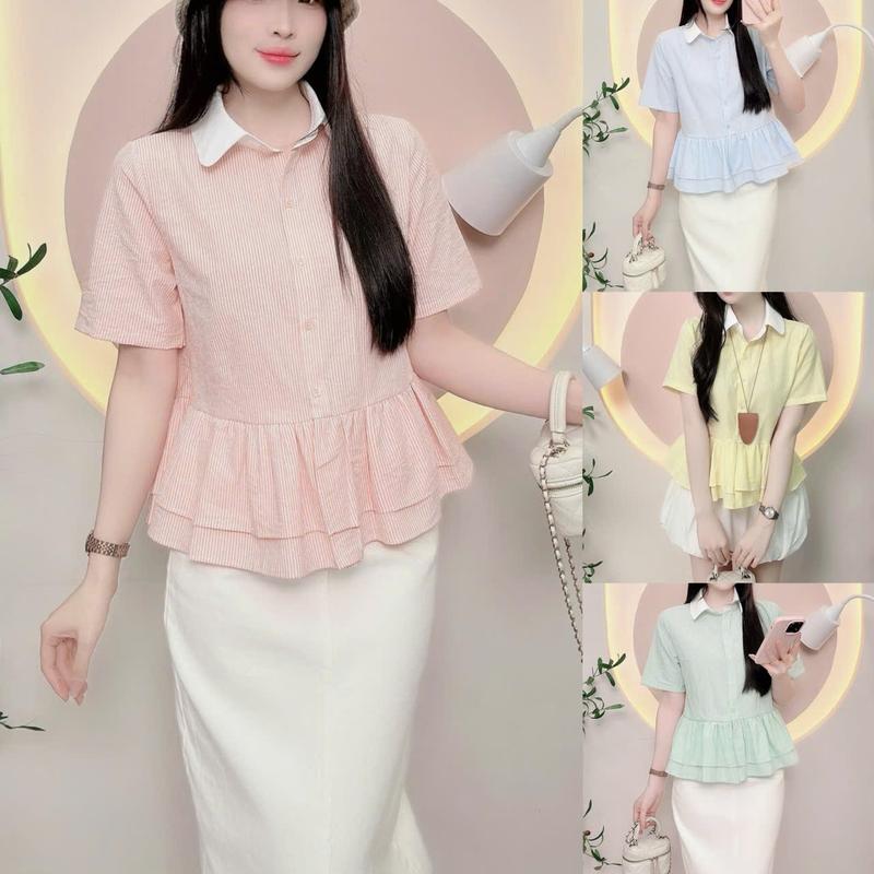 Áo sơ mi kẻ sọc cọc tay nữ dáng babydoll xinh xắn trẻ trung LAMO- B1415