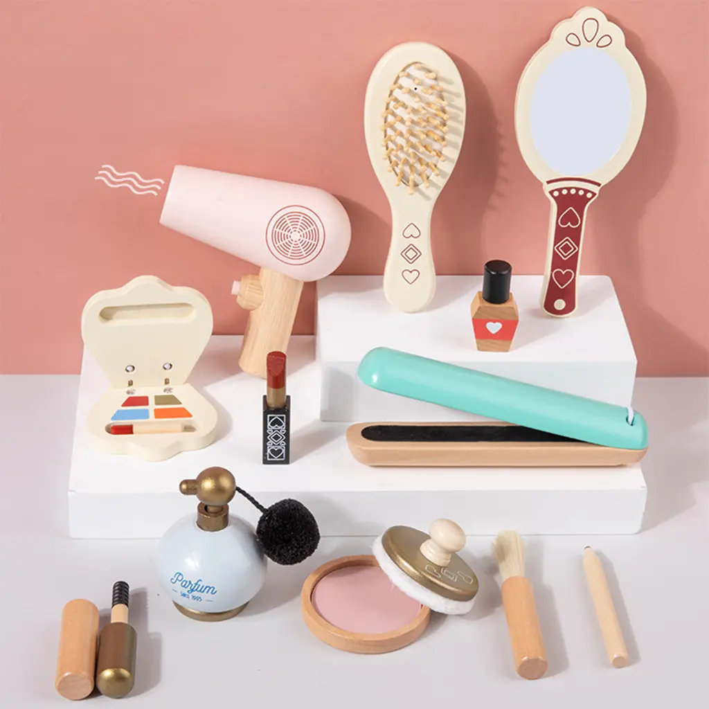 Bộ Đồ Chơi Làm Đẹp Bằng Gỗ, Bộ 13 Món, Bộ Salon Cho Bé Gái, Với Trang Điểm, Cọ, Gương Và Túi Đựng Mỹ Phẩm, Làm Bằng Gỗ Tự Nhiên, Viền Mịn, Quà Sinh Nhật Toy