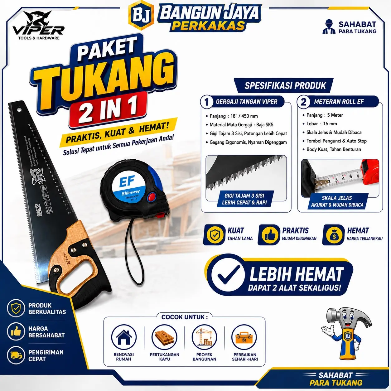 Viper Paket Tukang 2 in 1 - Meteran 5M & Gergaji - Alat Tukang Lengkap Kuat Tahan Lama untuk Proyek Anda - Palu