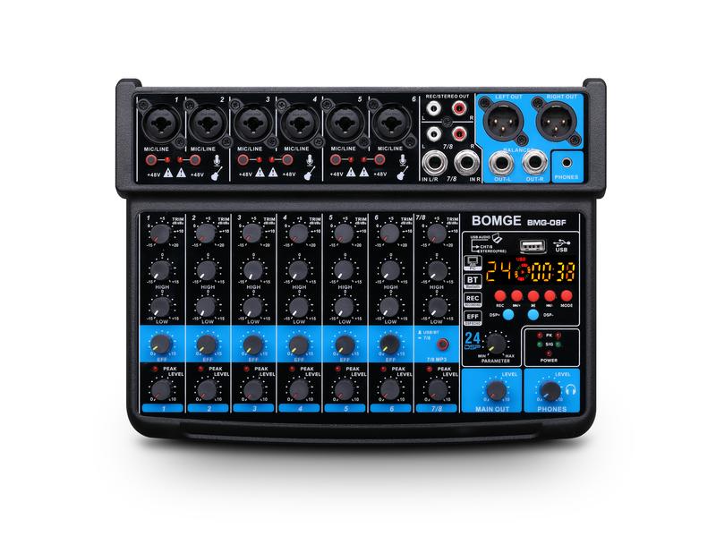 Product Introduction of BOMGE-mini 8 Channel Audio Mixer, Line Mixer, DC 5V, with MP3 Player, Bluetooth, 48V U Disk, 24DSP Effect, USB Recording Suitable for small club or bar, studio recording 8
