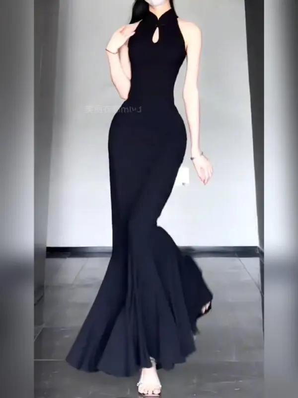 Đầm dài Sườn Xám 2024 Hiện Đại Cho Phụ Nữ Không Tay Bodycon Thanh Lịch Sexy Thiết Kế Thời Trang Quần Áo Truyền Thống Căng Ra Màu Đen tiệc tối buổi tối trang trọng Women Dress 4