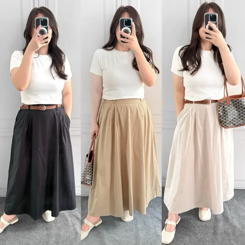 Rok Maxi Highwaist A-Line Wanita Katun Panjang Dengan Belt Sabuk - Casual, Cewek, Midi, Serut, Mini, Dewasa, bawahan 0