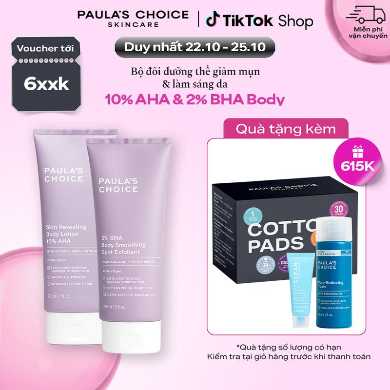 Bộ đôi kem dưỡng thể hỗ trợ giảm mụn 2% BHA và làm sáng da 10% AHA Paula's Choice 5701-5900