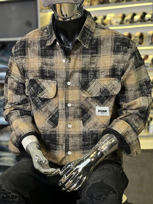 [2 Mẫu][3 Màu] [Áo Sơ Mi Guangzhou 6217-8955](FORM RỘNG HÀN QUỐC)Sơ Mi Nam Kaki Dày 2 Túi Hộp & Sọc Caro 2 Túi Màu Kem-Xám & Đen-Xanh & Nâu Kem S3354-S3353-S3342 K3 STORE