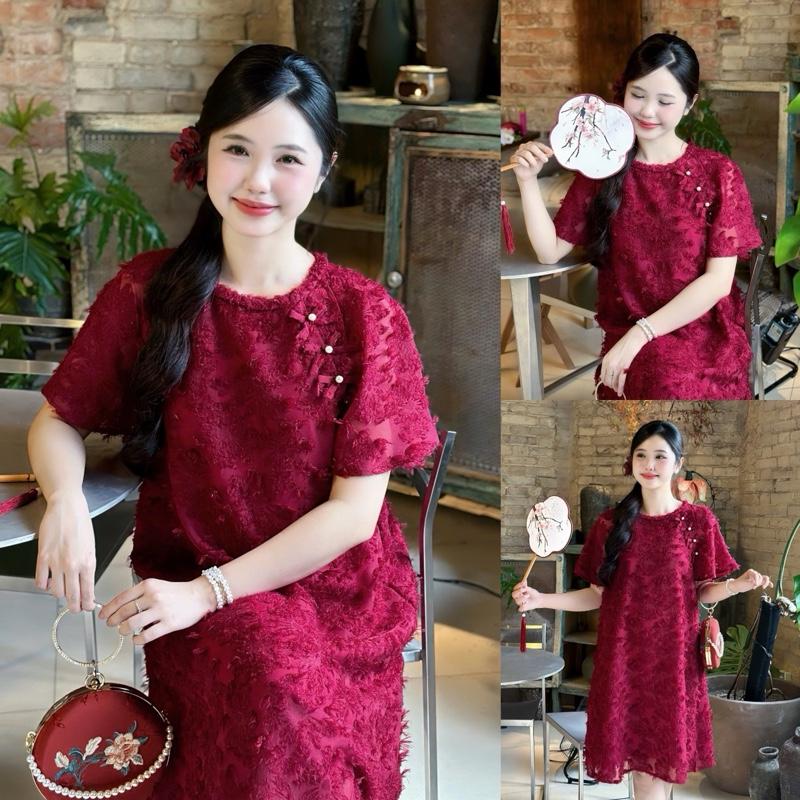  Đầm bầu Dalia cổ đan kết nơ vai đính ngọc form suông gọn dáng nhẹ nhàng  2lớp  