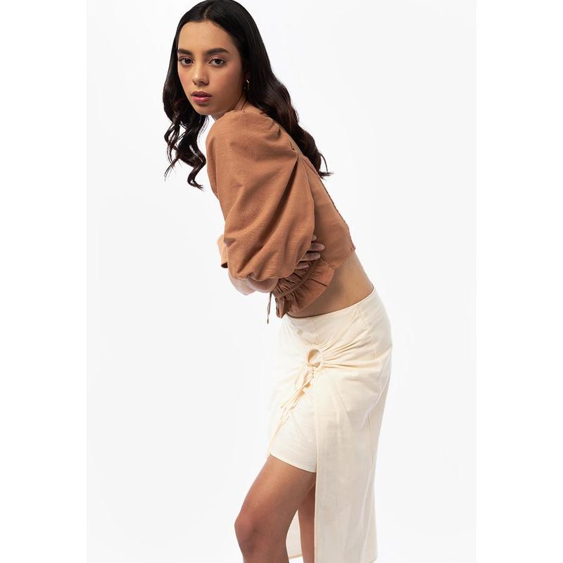 COLORBOX Puff Sleeves Cropped Top I-BSWFCR124F011 Brown BROWN L