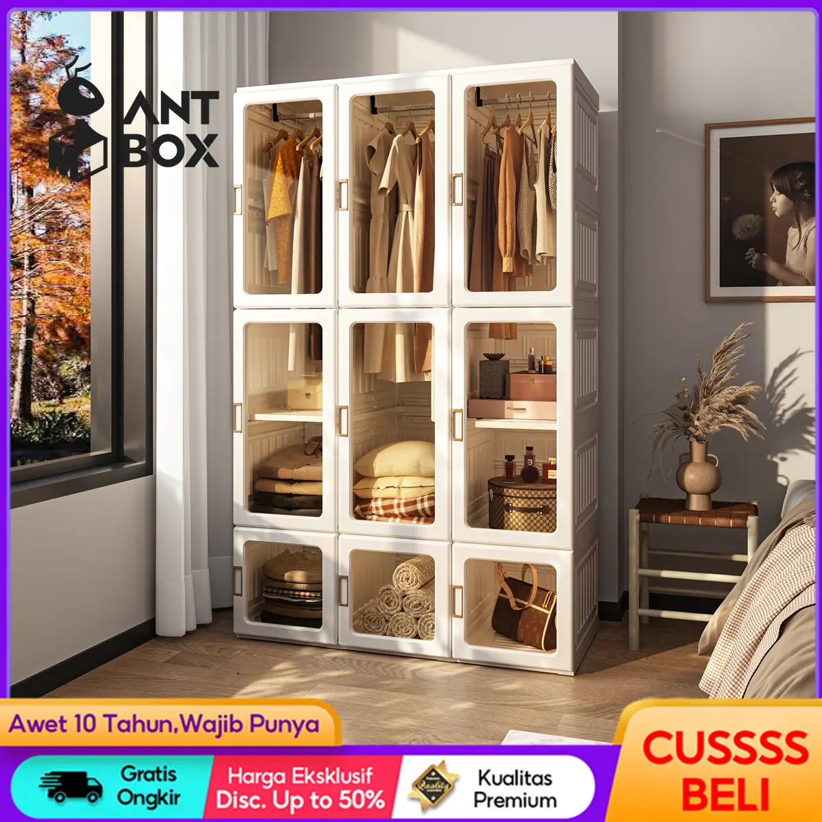 ANTBOX Lemari Pakaian Plastik dengan Hanger dan Kotak Penyimpanan minimalis penutup magnetik Lemari Plastik Susun Desain Minimalis dengan Pintu Transparan Anti Debu dan Tahan Air Organizer Pakaian Multifungsi untuk Kebutuhan Rumah Tangga atau Kantor