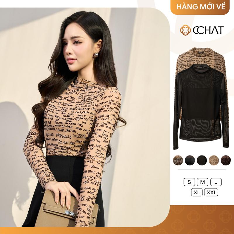 Áo Thun Nữ CCHAT Dáng Ôm Cổ Leo Lưới Họa Tiết Chất Thun Co Giãn 4 Chiều 23TDM2018OT