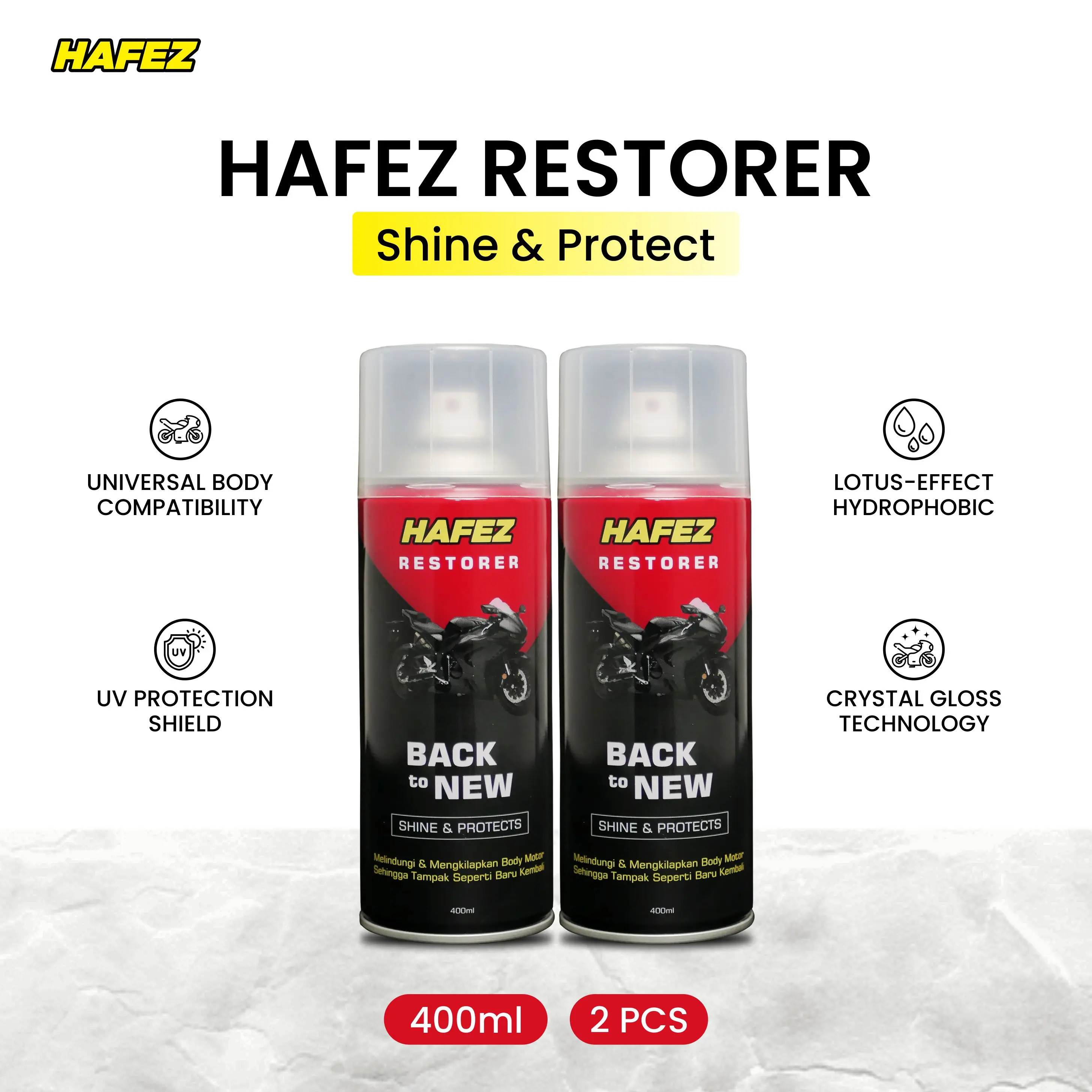 PROMO HAFEZ BUNDLING 2 RESTORER Digunakan Untuk Pengkilap Body Motor dan Penghitam Body Motor Aerosol 400ml Kendaraan Semprot Car kinclong Paint