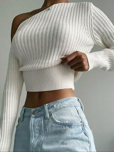 Suéter de cuello asimétrico sólido para mujer, Top de punto informal de manga larga con un hombro, prendas de punto para mujer para uso diario, trajes de verano 2024