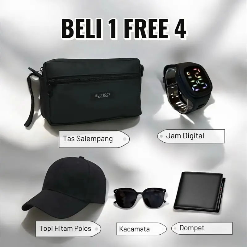 Beli 1 dapat 5 tas salempang free jam tangan, topi, kacamata dan dompet 1